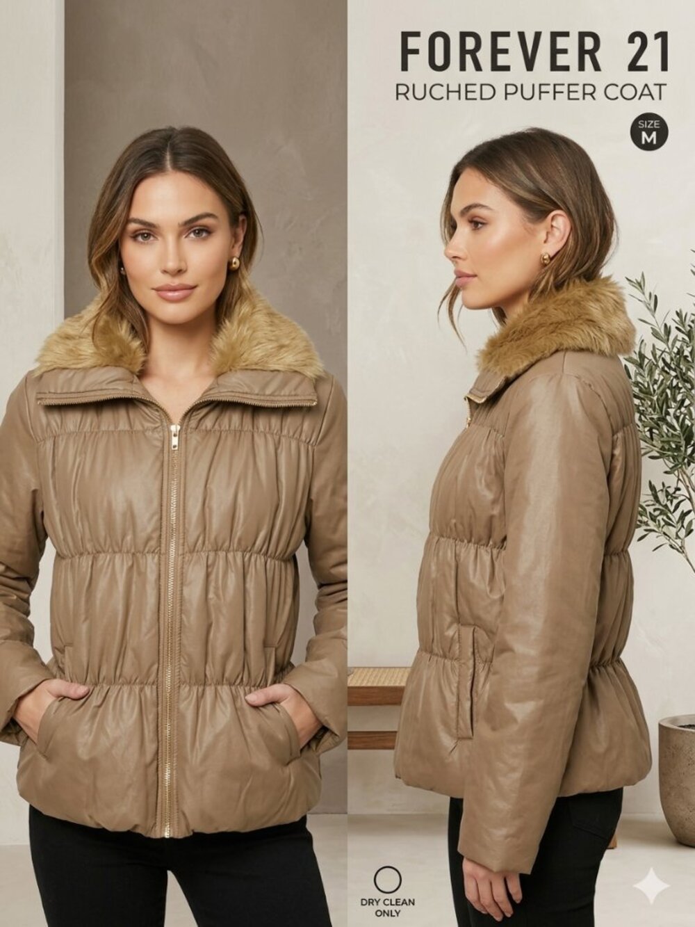 NEW Forever21 Khaki Faux Fur Collar Ruched Gathered Puffer Jacket - Size Medium